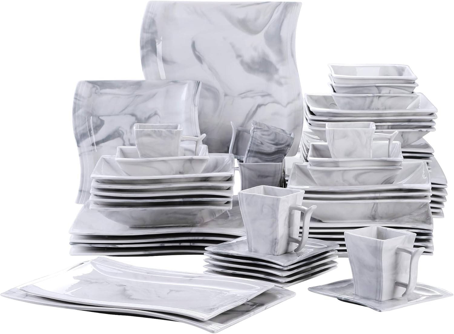 MALACASA, Serie Flora, 56 TLG. Marmor Porzellan Geschirrset Kombiservice Tafelservice mit je 6 Schälen, 6 Tassen, 6 Untertassen, 12 Dessertteller, 12 Suppenteller, 12 Speiseteller und 2 Platte