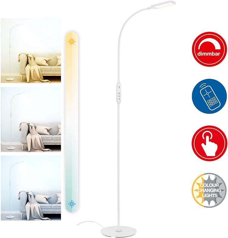 Leuchten - Candeeiro de pé LED, regulável, comando remoto, inclui controlo de temperatura de cor, 8 watts, 700 lúmens, branco
