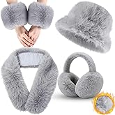 4 Pcs Winter Faux Fur Set for Women Fur Collar Scarf Wrap Winter Fuzzy Bucket Hat Ear Muffs Foldable Wrist Cuffs Accessories
