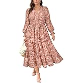 RITERA Plus Size Dresses Women Casual Fall Maxi Boho A Line Long Sleeve Ruffle V Ruffle V Neck Dress with Pocket XL-5XL