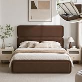 VELOCAVA Queen Size Lift Up Storage Bed, Velvet-Look Upholstered Platform Bed Frame with 57" Tall Headboard, Linear Design, Hydraulic Storage, No Box Spring Needed, Coffee Brown