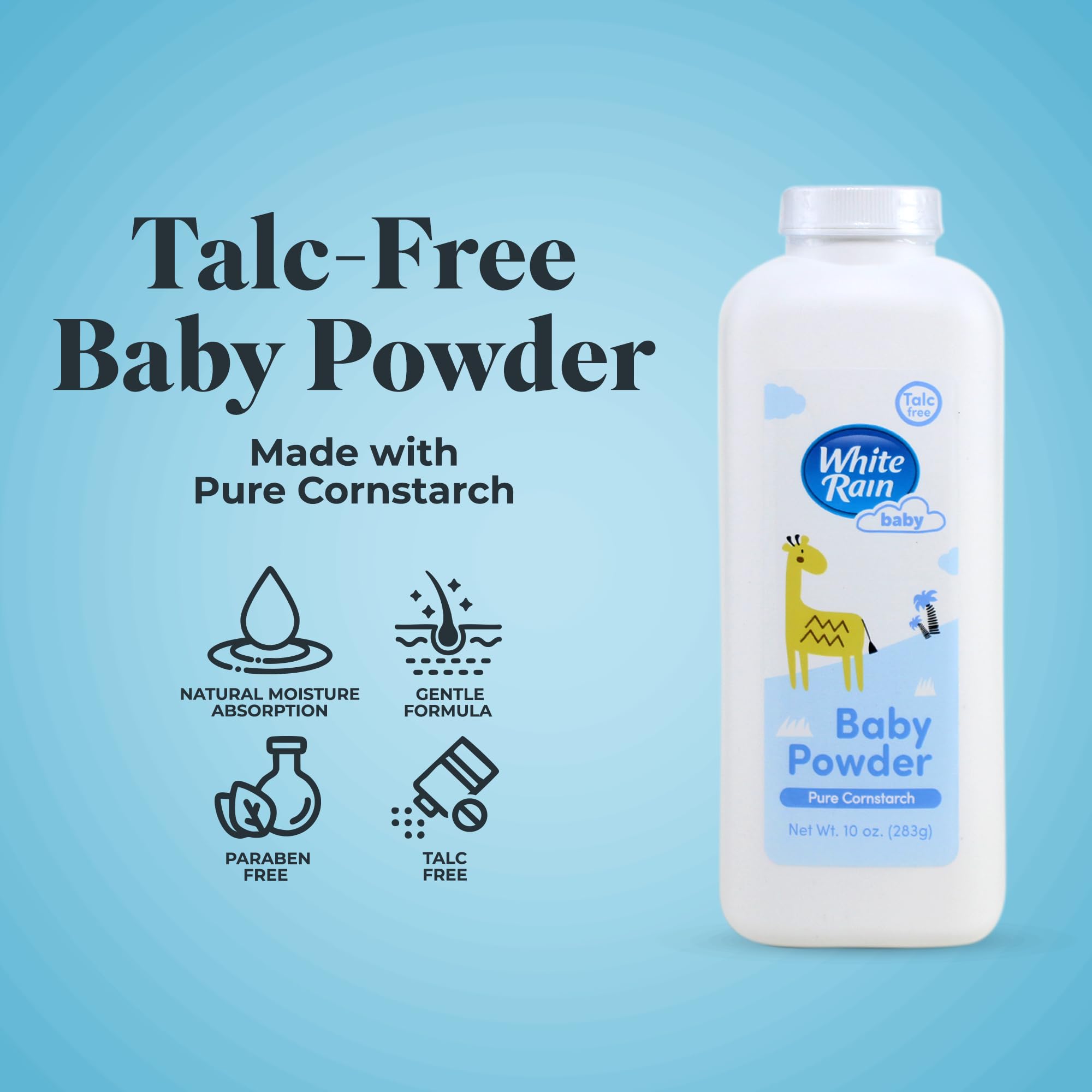 White Rain Pure Cornstarch Baby Powder Talc-Free, 10 oz, Pack of 2 - Natural Moisture Absorption with Vitamin E, Gentle Body Powder for Women, Babies & Sensitive Skin, Free of Parabens & BPA