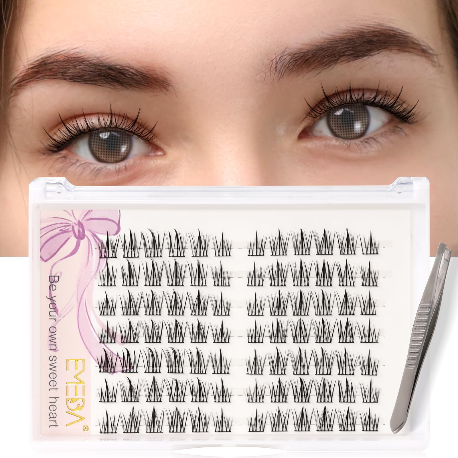 EMEDA Cluster Lashes 84 Pcs Individual eyelashes DIY Cat Eye Lashes With Tweezers C Curl Natural False Lashes DIY Cluster Eyelashes Soft And Thin Band Lash Extensions Manga Lash Kit (sunflower) — image 1