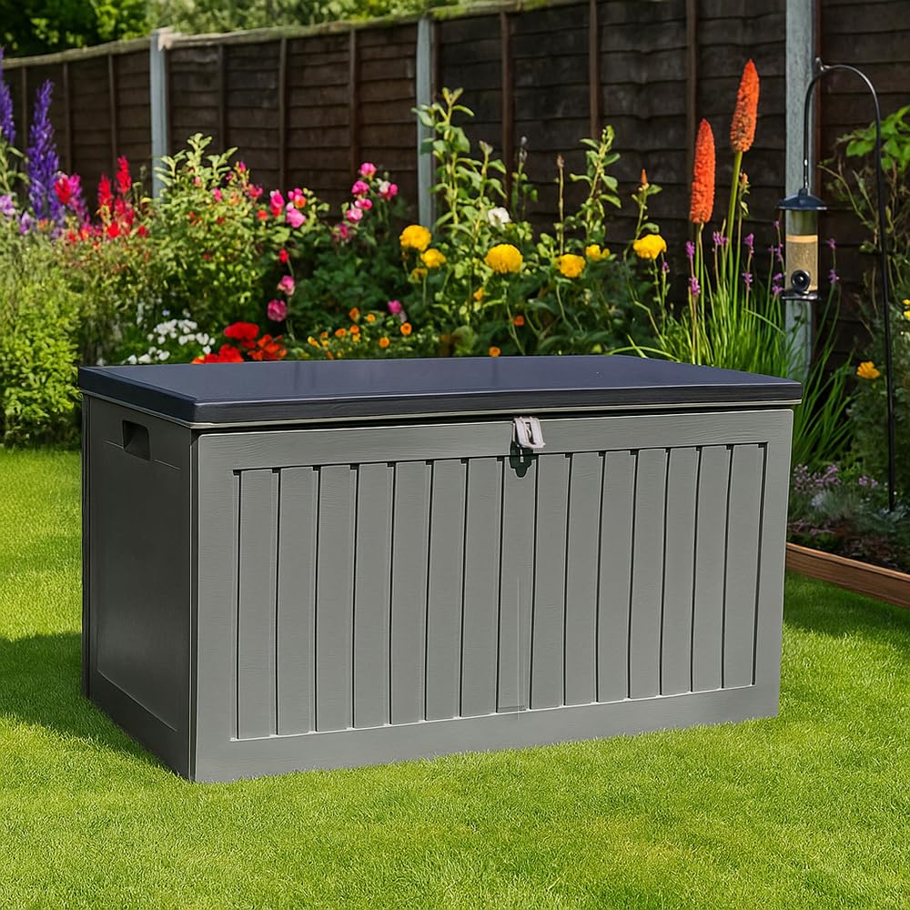 Outdoor Plastic Garden Storage Deck Box 270L | Cushion, Toy, Tool Utility Chest Organiser Store | Weather & Fade Resistant, Lockable, Doubles as Storage Bench | For Garden, Patio, Balcony, Decking