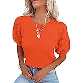 CFLHN Women's Short Sleeve Knit Tops Soft Puff Sleeve Lightweight Sweaters for Casual and Work