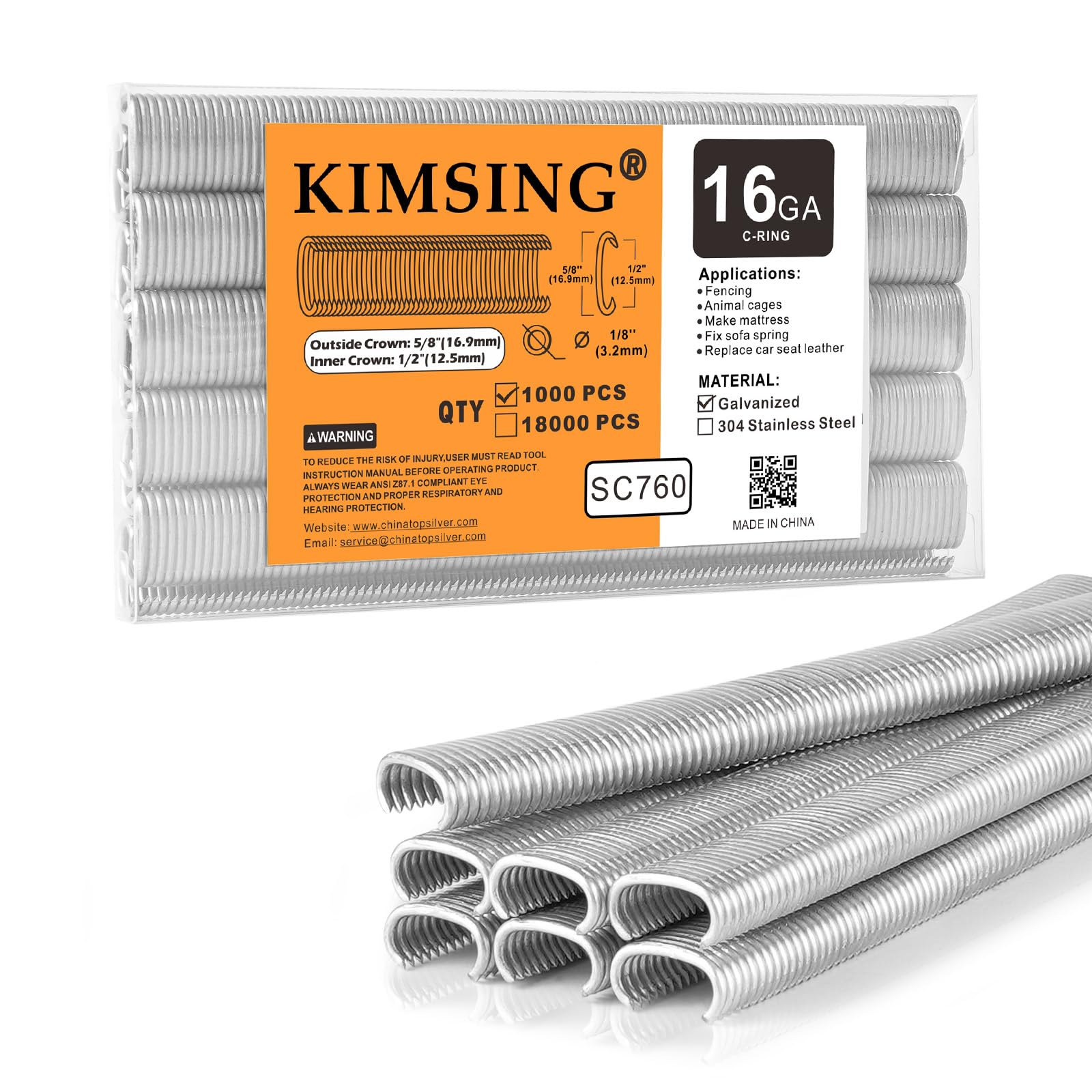 KIMSING SC760 16 Gauge C-Type Clips, 12.5mm Crown, Galvanized, 1000 PCS/Pack, Hog Ring Staples, Wire Fencing Staples, Fasteners for Air Hog Ring Gun, Hog Ring Plier Tool