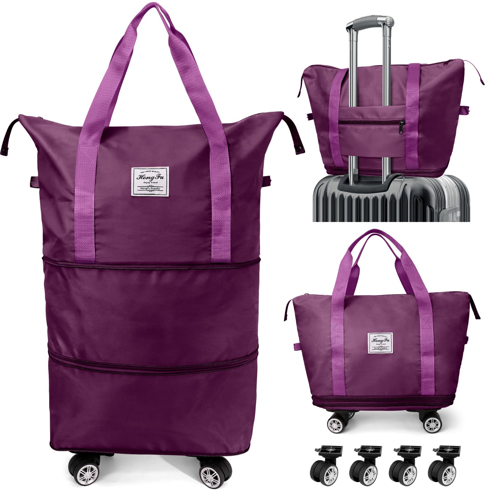 Photo 1 of Ranslen Expandable Duffle Bag with Wheels and Handle for Travel - Detachable Rolling Wheels, Carry-on Large Duffel Bag (Fuchsia)