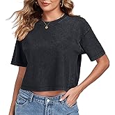 Womens Crop Tops Acid Wash Short Sleeve T-Shirts Casual Round Neck Basic Tees Baggy Summer Shirts