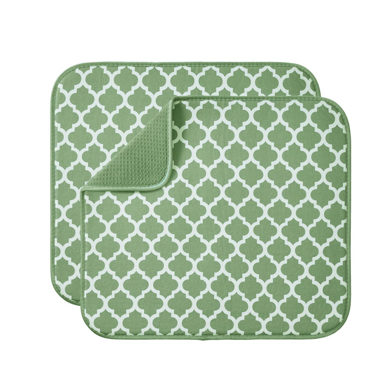 Microfibre Drying Mat for Kitchen Dish Drying Drainer Mat Absorbent Drying Mat Washing Up for Glass, Plate &Cup 40cm x 46 cm 2 Pack Teal Trellis