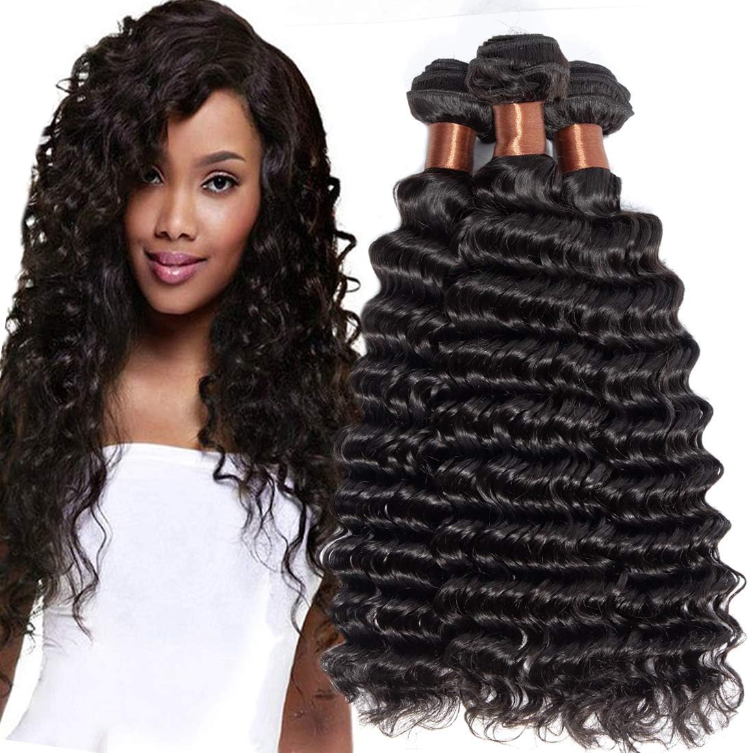 ANGIE QUEEN Unprocessed Peruvian Virgin Hair Deep Wave 3 Bundles 16 16 16inch Cheap Virgin Human Hair Extensions Natural Black Color (100+/-5g)/bundle Can be Dyed and Bleached