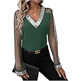 OYOANGLE Women's Sequin Contrast Mesh Blouse V Neck Long Sleeve Elegant Blouses Glitter Sheer Tops
