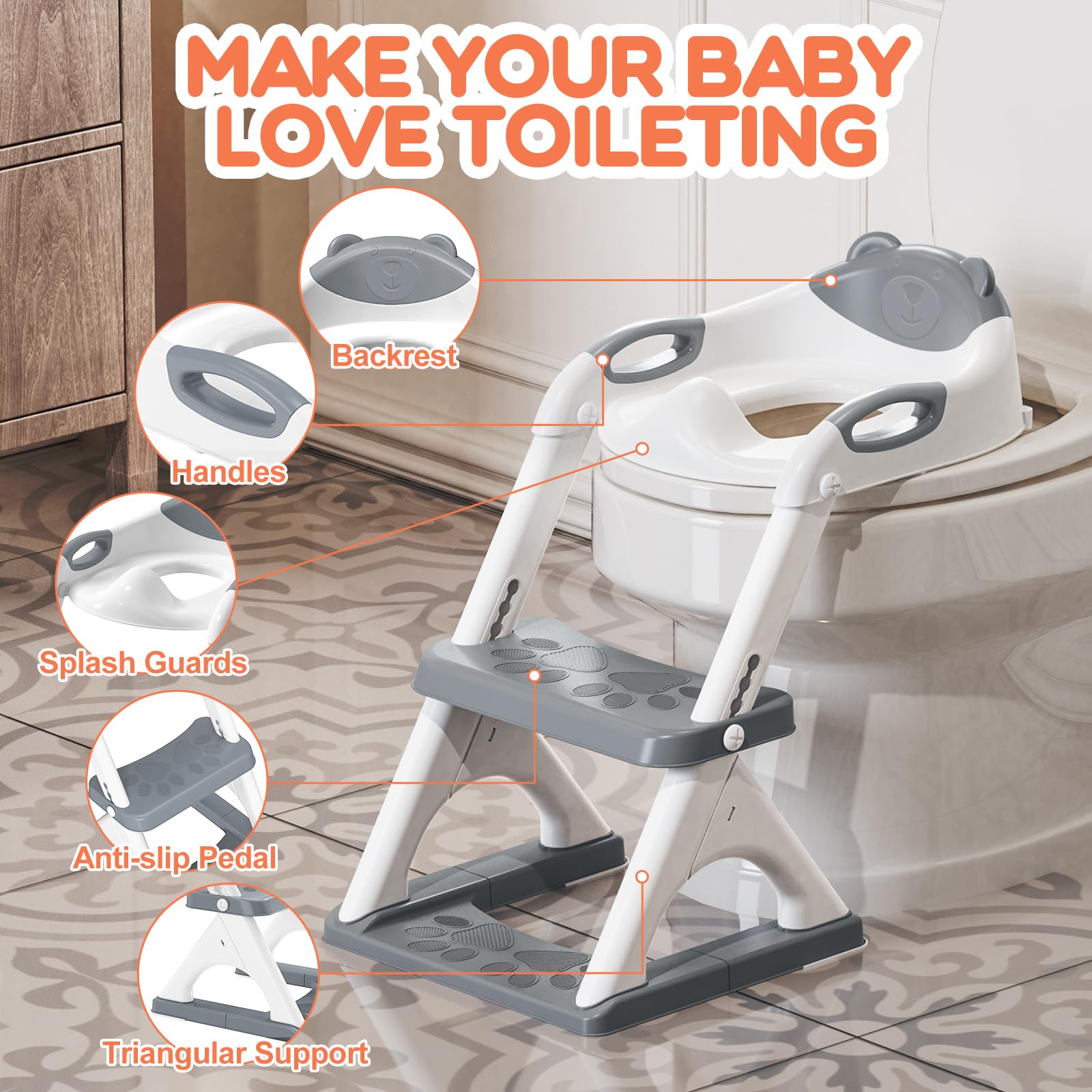 Potty Training Seat, SKYROKU Upgrade Toddler Toilet Seat for Kids Boys Girls, 2in1 Potty Training Toilet, Splash Guard Anti-Slip Pad Step Stool,New Sector-Shape Stabilized Base and heavier (8899 Grey)