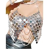 Silver Rave Outfits for Women Chain Top Sequin Rave Tops for Concert , Body Chain Top Rave Tops for Women, Sequin Crop Top Sparkly Silver Bikini Top, Glitter Dots Chest Bra Chain Nightclub Beach Party Prom