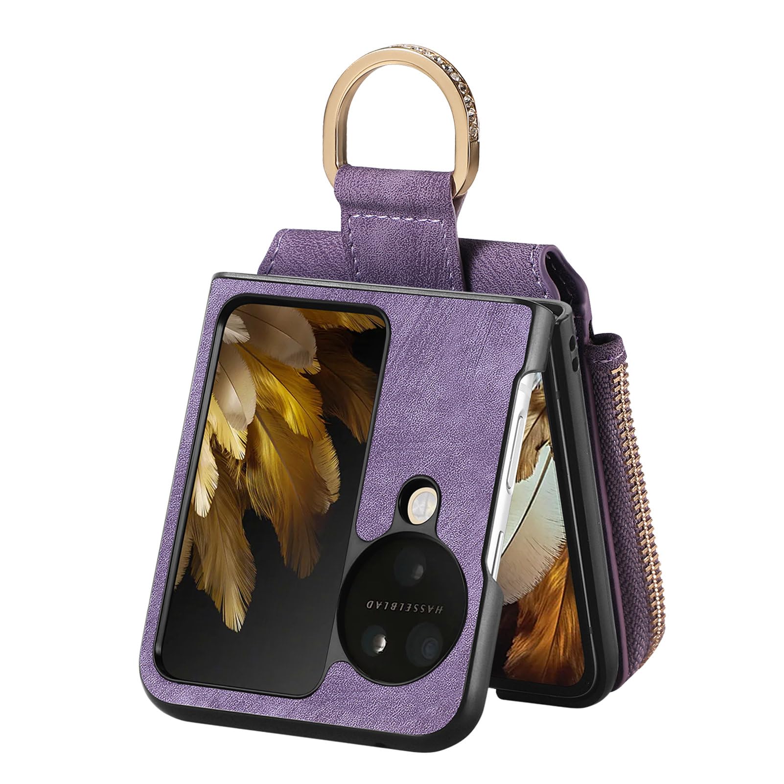 COQUE Shell Oppo Find N3 Flip Protective Cover,Magnetic Folding Zipper Wallet Card Slot Mobile Phone Leather Case for Oppo Find N3 Flip-Purple