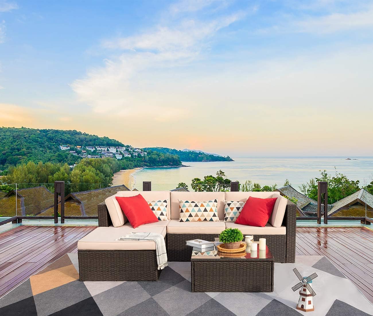 Devoko 5 Pieces Patio Furniture Sets All-Weather Outdoor Sectional Sofa Manual Weaving Wicker Rattan Patio Conversation Set with Cushion and Glass Table (Beige): Garden & Outdoor