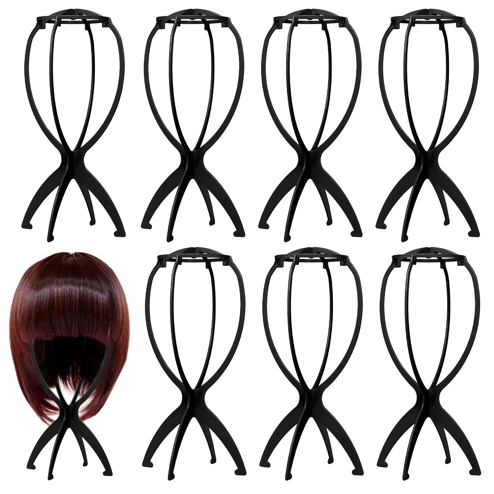 JLNGTHONG 8 pcs Wig Stand Hats Stands Portable Head Stand Plastic Folding Wig Holder for Drying Wigs Storage Travel (Black)
