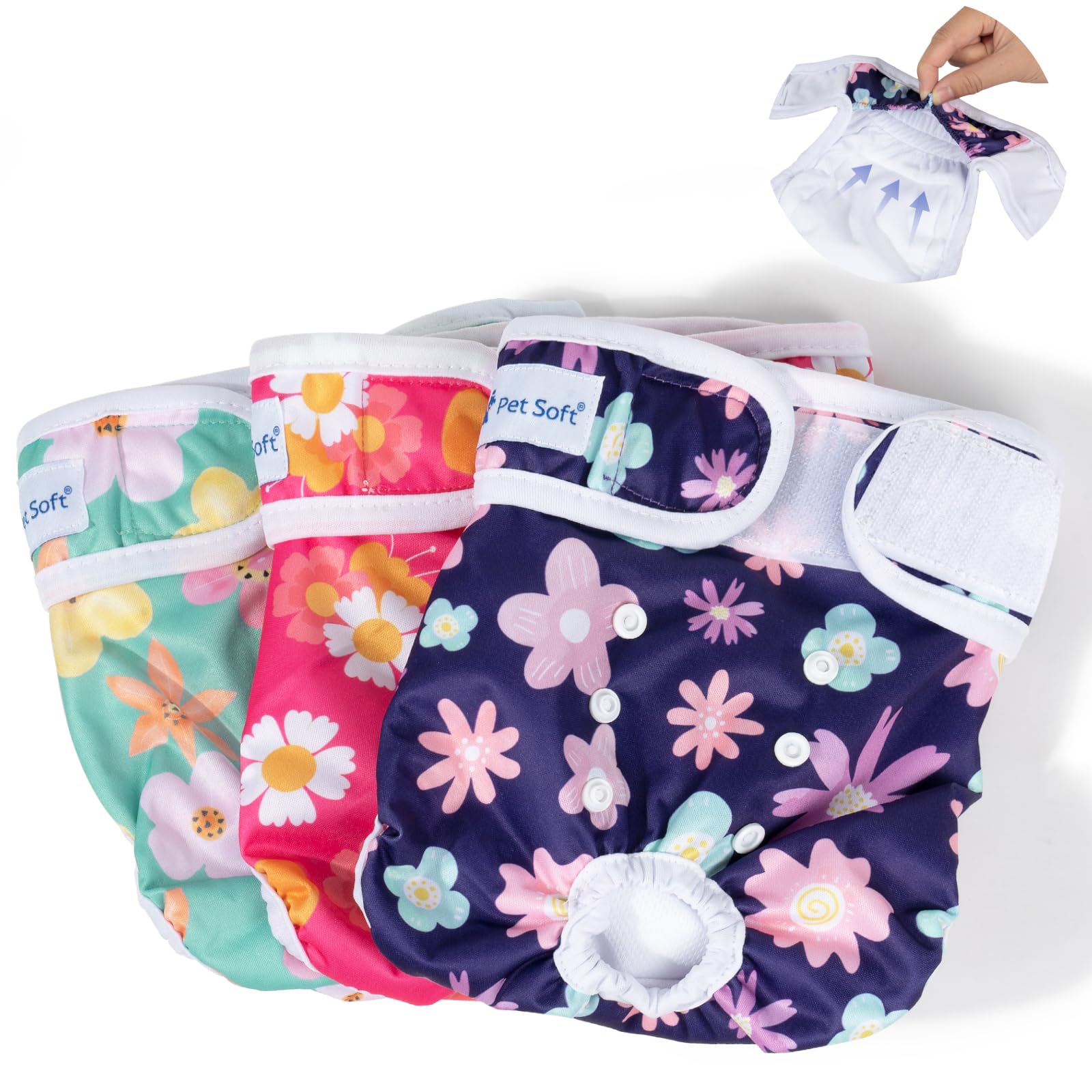 Photo 1 of Pet Soft Dog Diapers Female Washable - Pack of 3 Doggie Diapers for Female Dogs, Strong Absorbent Reusable Doggy Period Diaper, Dog Diaper for Heat & Pet Incontinence Peeing (Bloom, L)