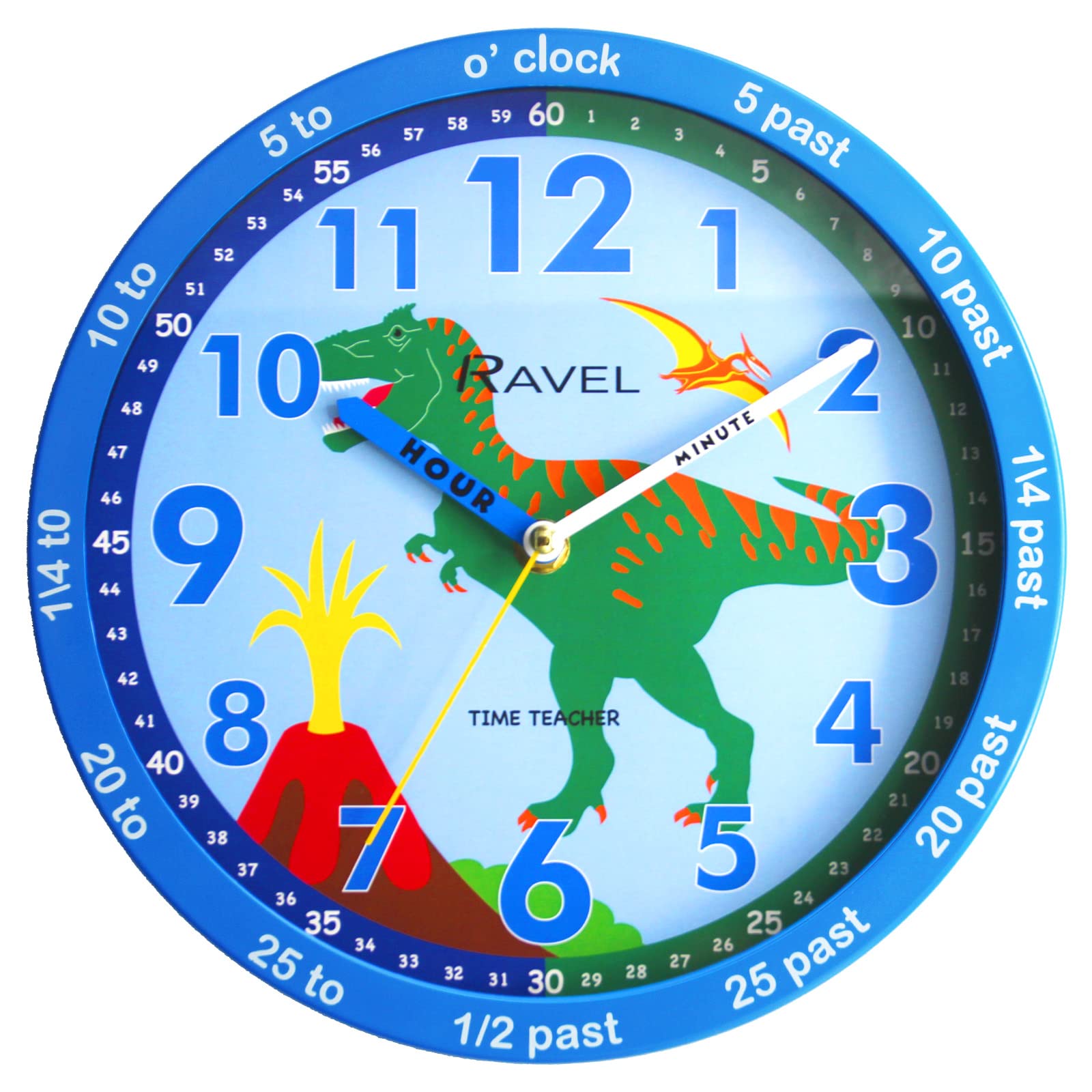 Ravel Children's 25cm Time Teacher Wall Clock - R.KC.11 - Analogue Quartz - Blue Dinosaur/Blue Dial