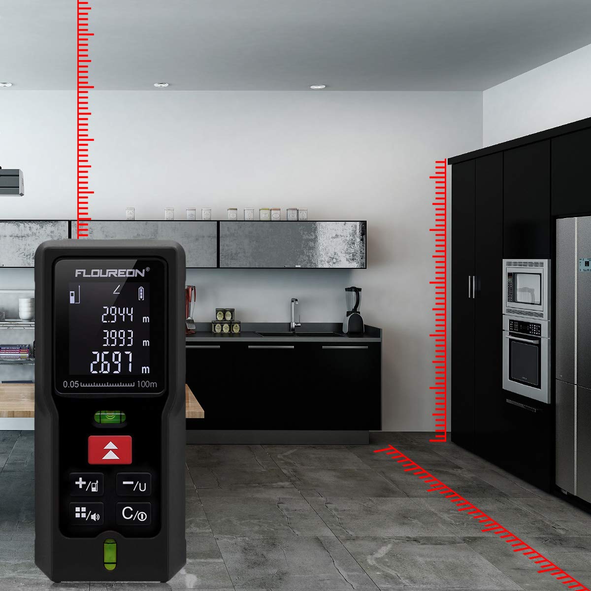 FLOUREON Laser Distance Meter 100m/328ft with 2 Bubble Level High-Precision Laser Measure Device for Measuring Length, Area, Volume Pythagorean with Backlight LCD Display (Battery Included)