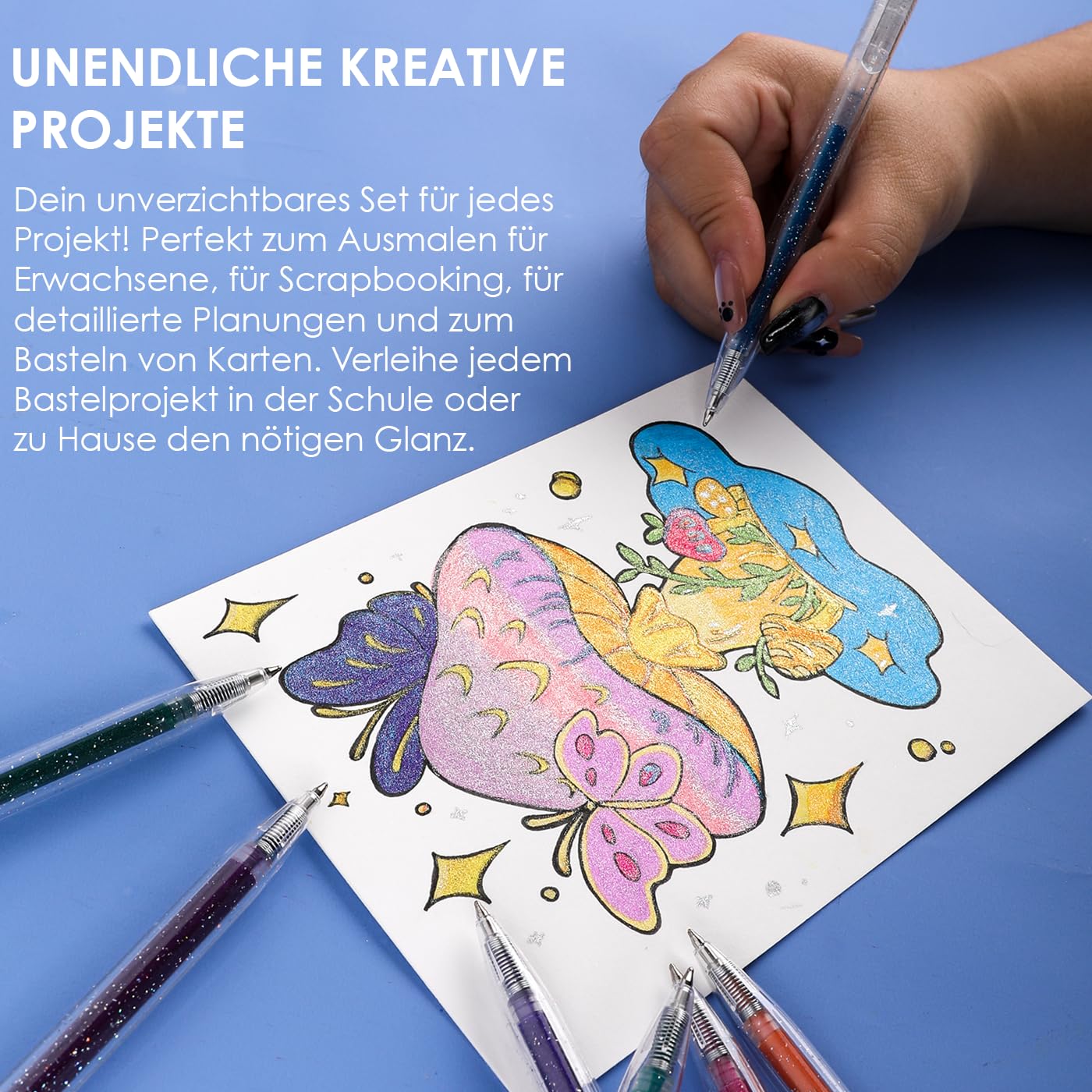 Grabie Glitzer Gelstifte, 18 Farben, metallisch leuchtende Glitzer stifte zum Ausmalen, einziehbare kugelschreiber für Erwachsene, farbige stifte für Zeichnungen 6