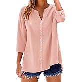 LOMON Womens 3/4 Sleeve Button Down Shirts Cotton Linen Roll Up Short Sleeve Tops V Neck Casual Loose Fit Blouses