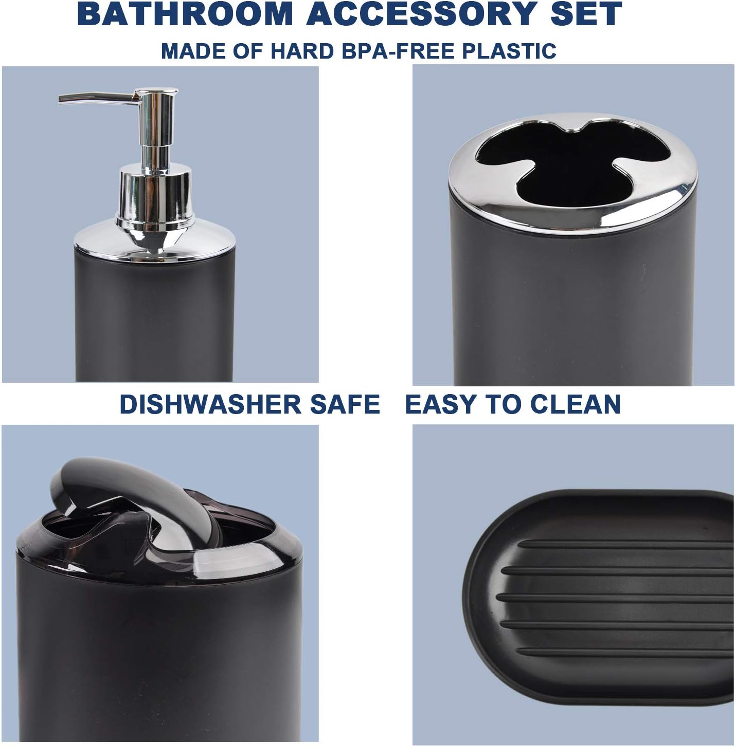 CERBIOR Bathroom Accessories Set 6 Piece Bath Ensemble Includes Soap Dispenser, Toothbrush Holder, Toothbrush Cup, Soap Dish for Decorative Countertop and Housewarming Gift, Black: Home & Kitchen