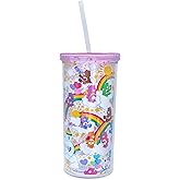 Silver Buffalo Care Bears Rainbow Stars Plastic Carnival Cup, Travel Tumbler With Lid and Reusable Straw | Holds 20 Ounces