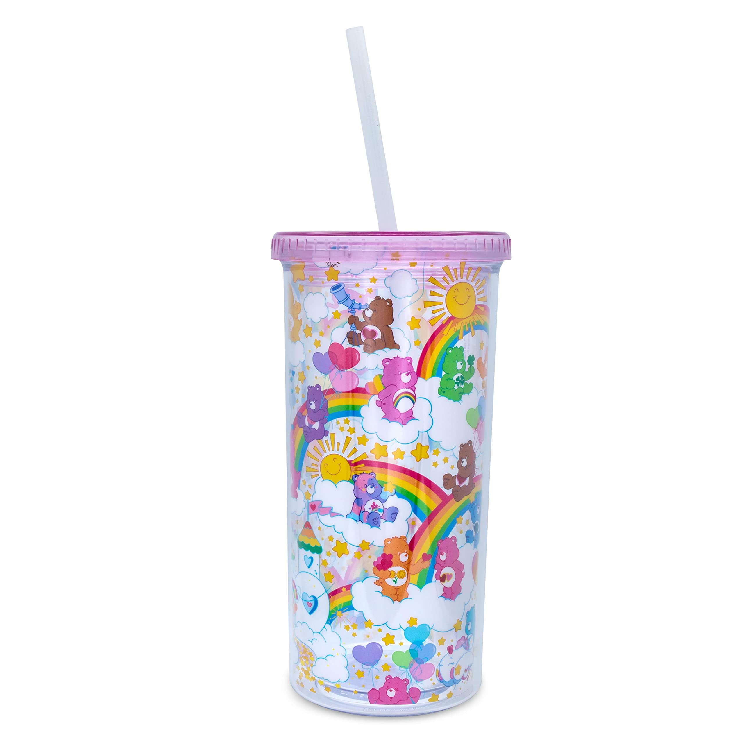 Toynk Care Bears Rainbow Stars Carnival Cup with Lid and Straw | Holds 20 Ounces