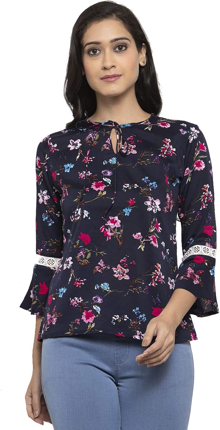 Buy Addx Women Casual Bell Sleeve Floral Print Blue Top at Amazon.in