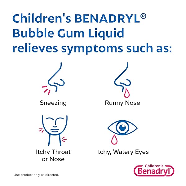 BENADRYL CHILDREN’S DYE-FREE ALLERGY RELIEF LIQUID, ALLERGY MEDICINE FOR KIDS, 12.5 MG DIPHENHYDRAMINE HCL ANTIHISTAMINE, RELIEVES RUNNY NOSE & SNEEZING, PARABEN-FREE, BUBBLE GUM FLAVOR, 8 FL.