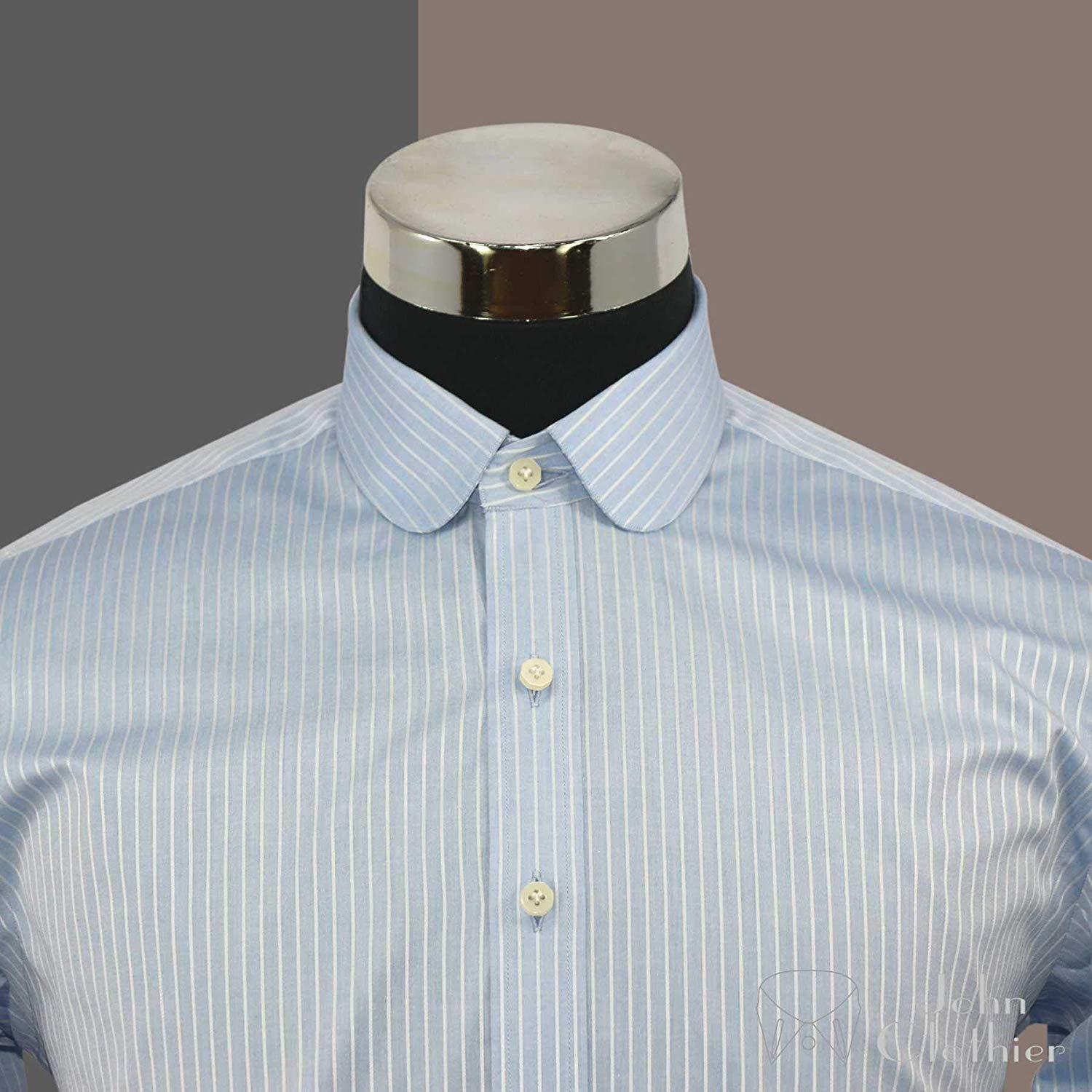 Mens Penny Collar Shirt Sky Blue Stripes 100 Cotton Round Collar Fused