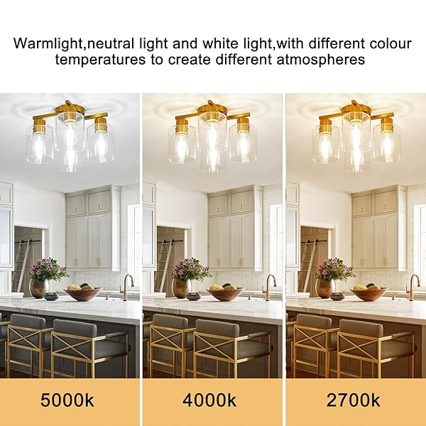 DIDUIO 4 LIGHT SEMI FLUSH MOUNT CEILING LIGHT BRUSHED GOLD KITCHEN LIGHTING FIXTURES CEILING BRASS HALLWAY CIELING LIGHTS FIXTURE WITH CLEAR GLASS SHADE FOR BEDROOM DINING ROOM