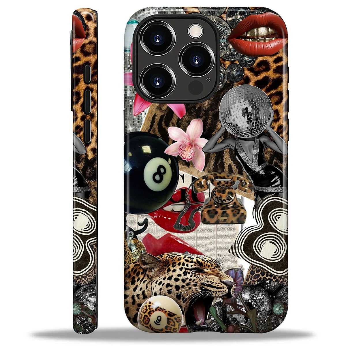 Compatible with iPhone 16 Pro Case - Dual-Layer Protection, Hard Shell with Silicone Interior,Slim Scratch Resistant Shockproof for Woman Men - Leopard Print Retro Collage