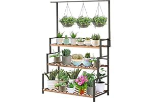 ULIKE Hanging Plant Shelves Indoor 3-Tier Stand with Bar, Flower Pot Organizer Outdoor Shelf for Multiple Plants, Wood Rack with Metal Frame for Garden Balcony Patio Bedroom Office