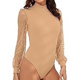 EKAMO Womens Bodysuit Turtle Neck Polka Dot Sheer Mesh Long Sleeve Ribbed Bodysuits Jumpsuit