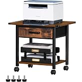 Lerliuo Under Desk Rolling Printer Stand with Drawer, 2-Tier Industrial Mobile Printer Table Desk with Storage Shelf and Steel Frame, Printer Cart Holder with Lockable Wheels for Home, Office (Brown)