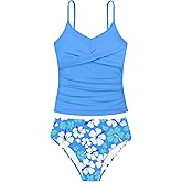 Aulyffo Girls Swimsuit 2 Piece Bathing Suit Criss Cross Ruched Girl Tankini Sets Printed Girls' Swimwear for 9-18 Years