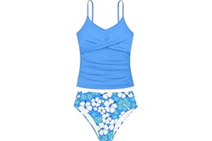 Aulyffo Girls Swimsuit 2 Piece Bathing Suit Criss Cross Ruched Girl Tankini Sets Printed Girls' Swimwear for 9-18 Years