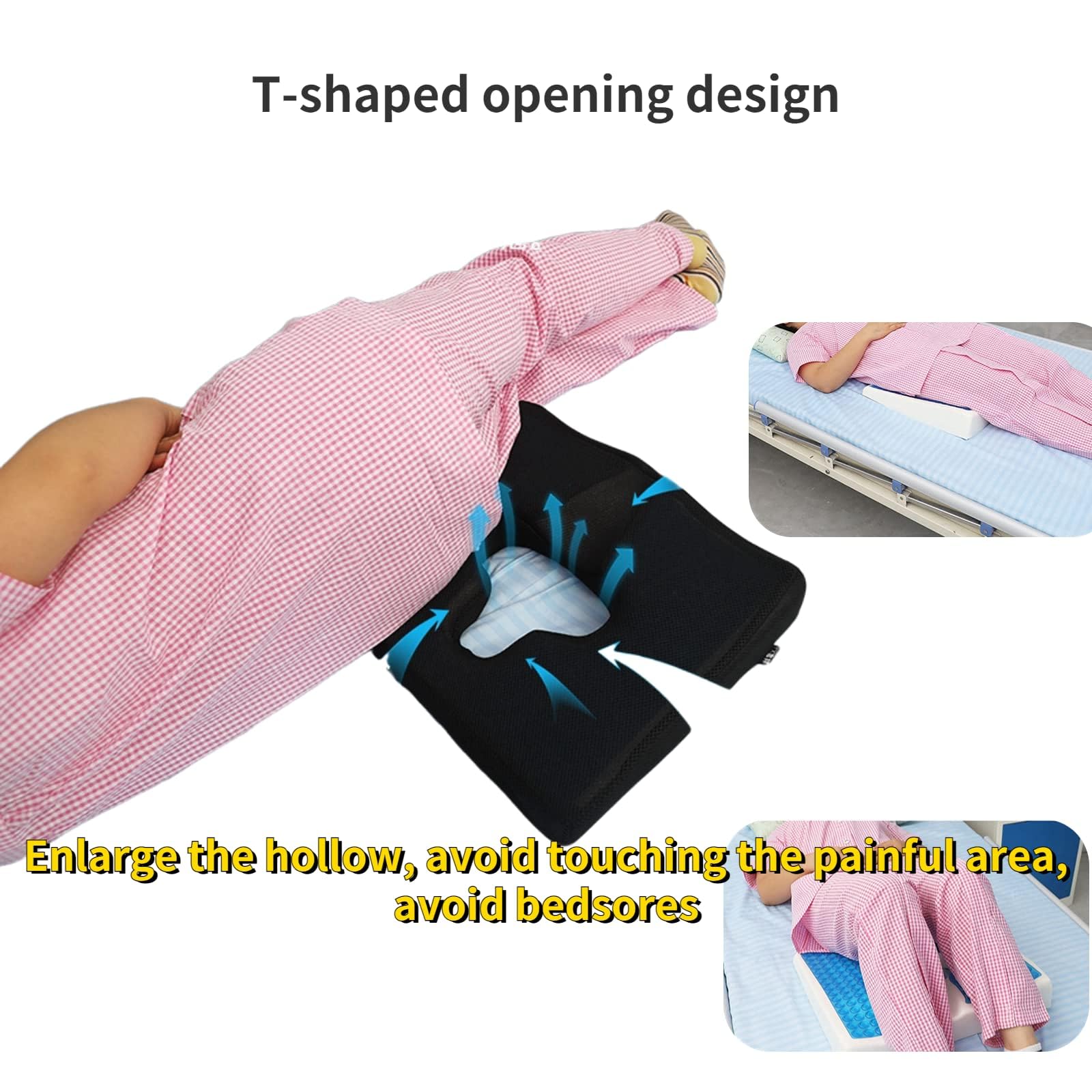 Bed Sore Cushion for Butt, Breathe Freely Fiber Bedsore Pressure Relief Pillow, T Shaped Opening Triangular Slope Design, Anti Decubitus Cushion for Elderly, Bedridden, Disabled