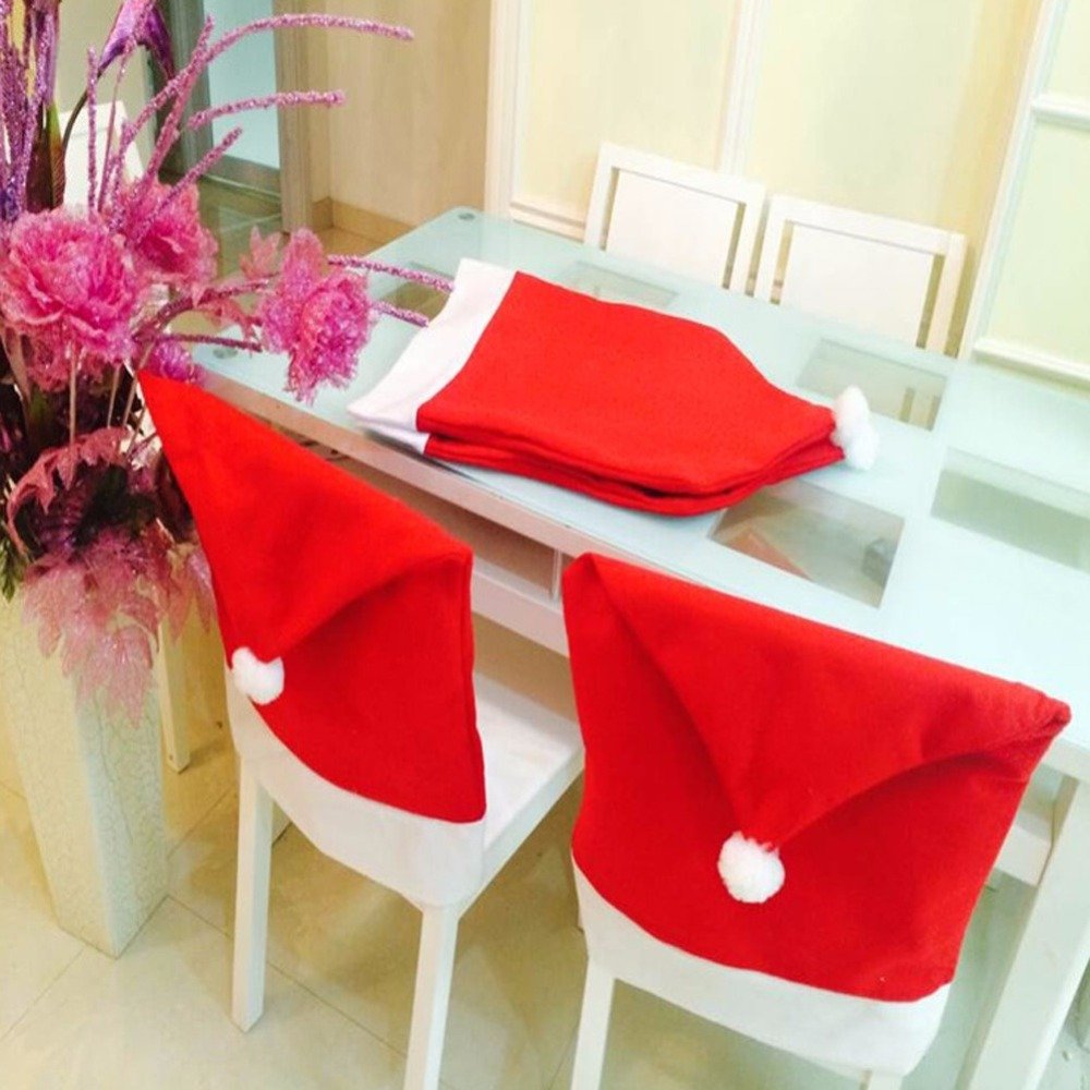 Christmas Theme Santa Red Colour Chair Snowflake Pom Short Back Fabric Covers Festive Xmas Dining Decoration, 50cm x 70cm, 4pcs, Felt