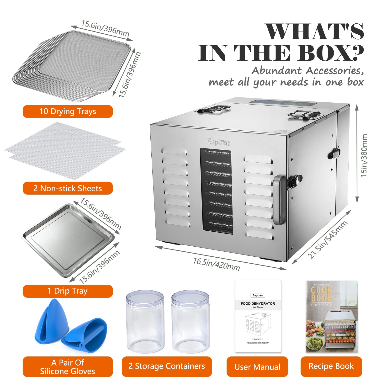 Septree Commercial 10 Trays food dehydrator machine for jerky and herbs, Usable Area up to 17ft² and 195℉ Temperature, 1000W Detachable Stainless Steel Dryer,for Meat, Fruit, mushrooms,beef,Pet Food