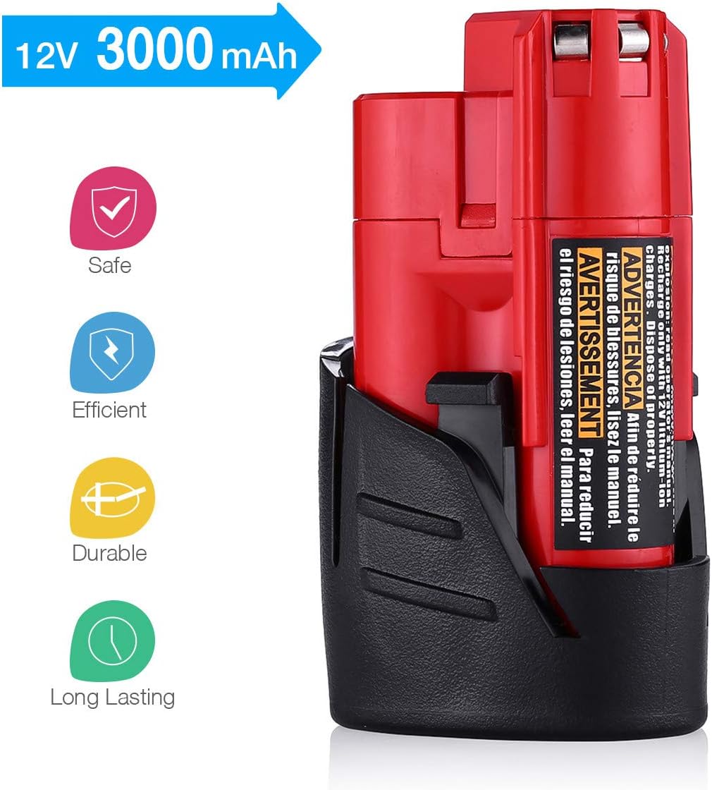 Powerextra 2 Pack 12V 3000mAh Lithium-ion Replacement Battery Compatible with Milwaukee M12 48-11-2411 48-11-2420 48-11-2401 48-11-2402 48-11-2401 12-Volt M12 Cordless Tools - - 