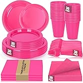 CLIYTICA Hot Pink Plastic Plates for Party,30 Guest Disposable Plastic Plate Set 9" Plates,7" Dessert Plates,Napkins,12 oz Cups,Forks & Tablecloth for Girls Women,Summer Party,Birthday