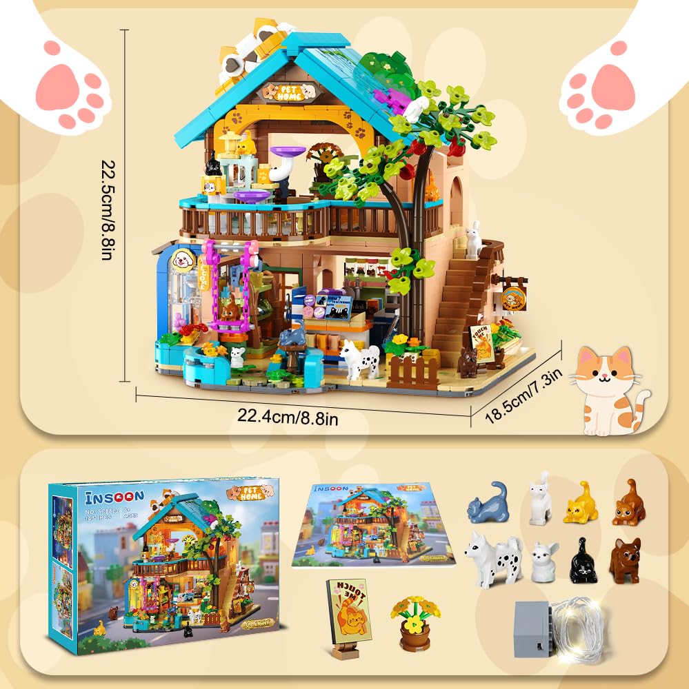 INSOON City Haustierladen Bauspielzeug mit Lichtern, Haustierhaus Klemmbausteine Spielzeug mit Katzen Hunden Kaninchen, 1431 Stück Tierladen Modell für Erwachsene Kinder Jungen Mädchen ab 10-12+ 7