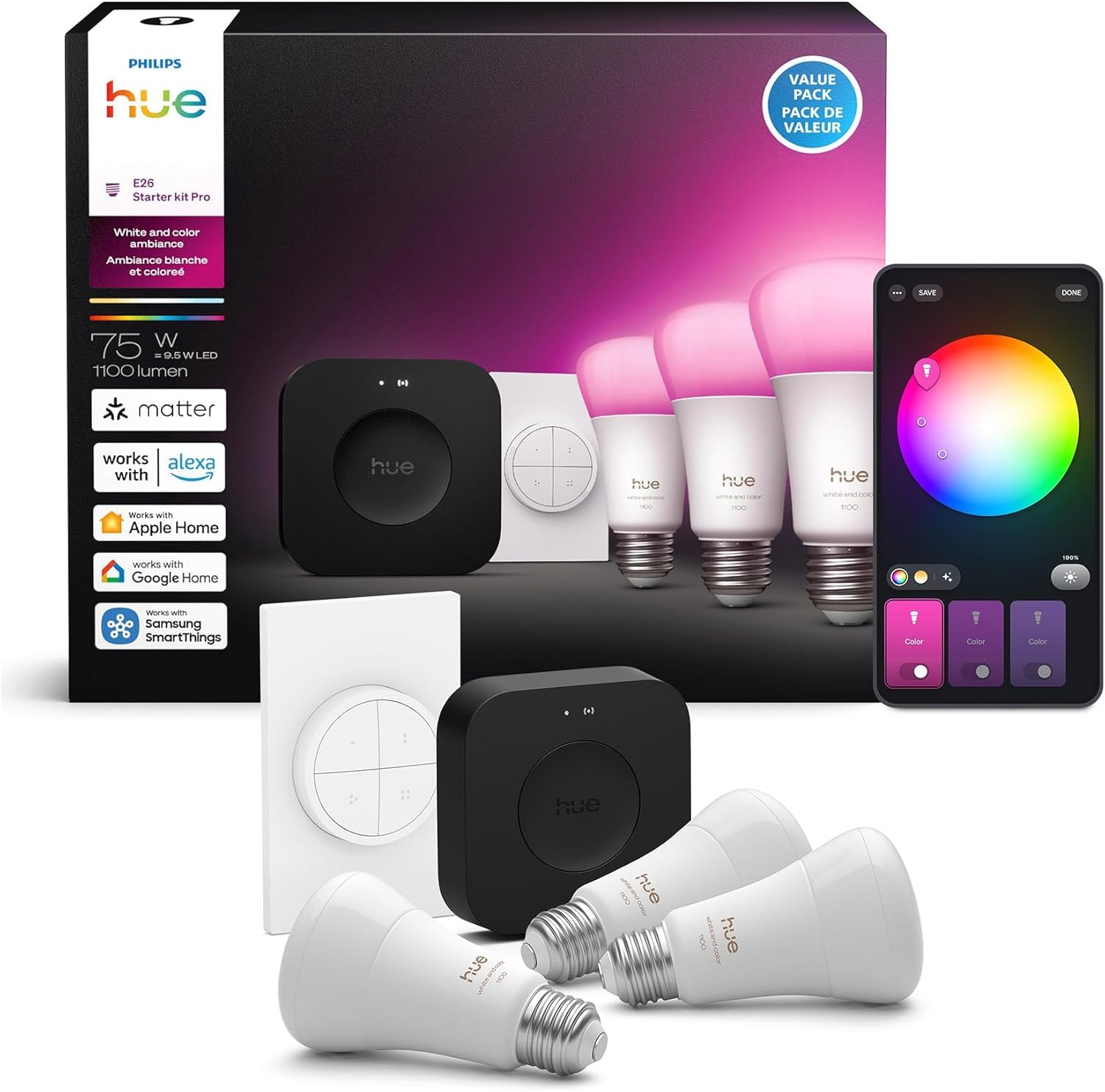 Photo 1 of *UNTESTED*
Philips Hue Starter Kit: Bridge Pro + 3 A19 E26 Smart Bulbs + Tap Dial Switch, White and Color Ambiance, Smart Light Hub, Works with Voice