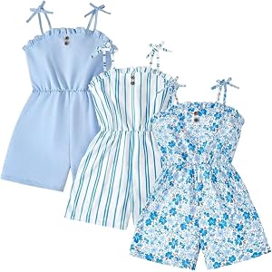 OYOANGLE Girl's 3 Packs Striped Floral Wide Leg Romper Sleeveless Bow Ruffle Trim Summer Short Jumpsuits