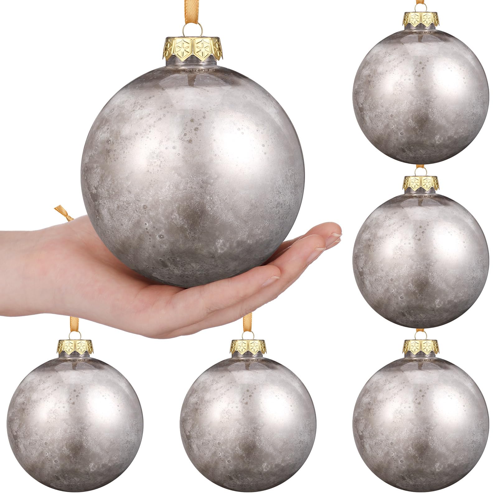 Photo 1 of ***(MINOR DAMAGE/ MISSING PARTS)***VioraWhite 12 Pcs 4 Inch Large Christmas Mercury Glass Ornaments Balls Silvery Vintage Rusty Textured Neutral Plastic Shatterproof Hanging Balls Ornaments for Xmas Tree Table Home Decor