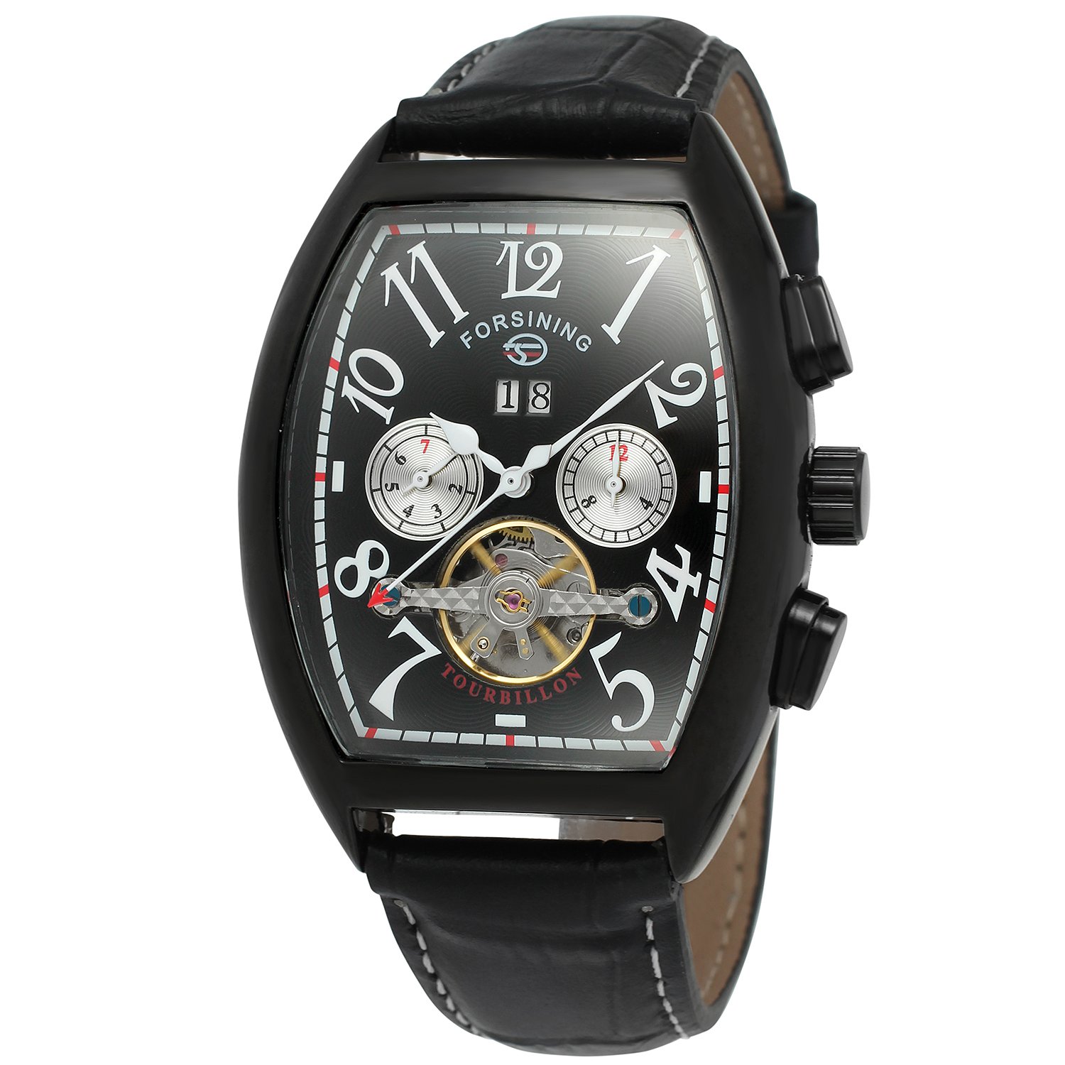 FORSINING Men's Automatic Waterproof Rectangle Watch Calendar Leather Strap Tourbillon Watch