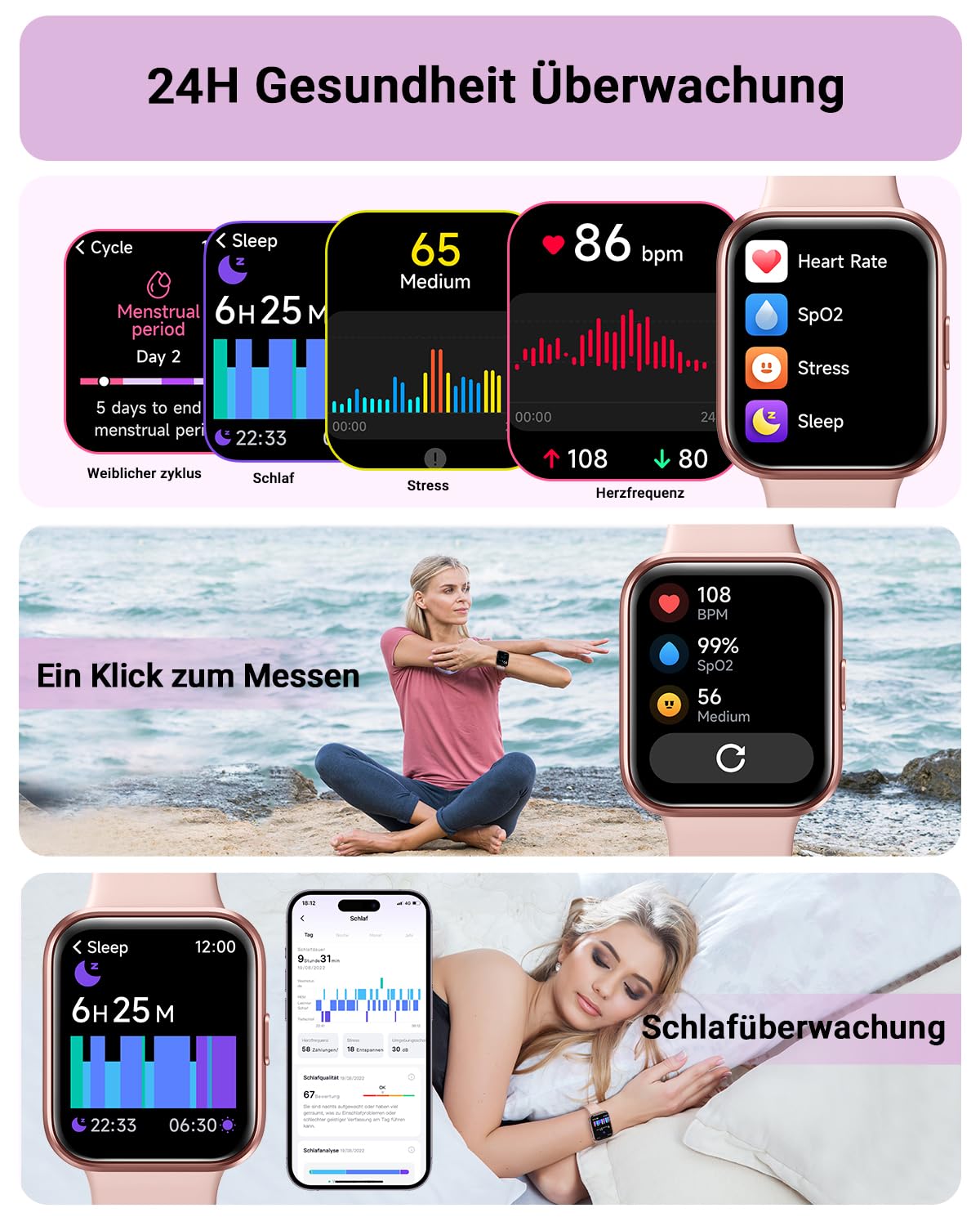 Tensky Smartwatch Damen mit Telefonfunktion 1,85" Smart Watch Alexa Integrierte 3ATM, 110+ Sportmodi, Schrittzähler Uhr Herzfrequenz Schlaf SpO2 Fitnessuhr für Samsung Android iOS 4