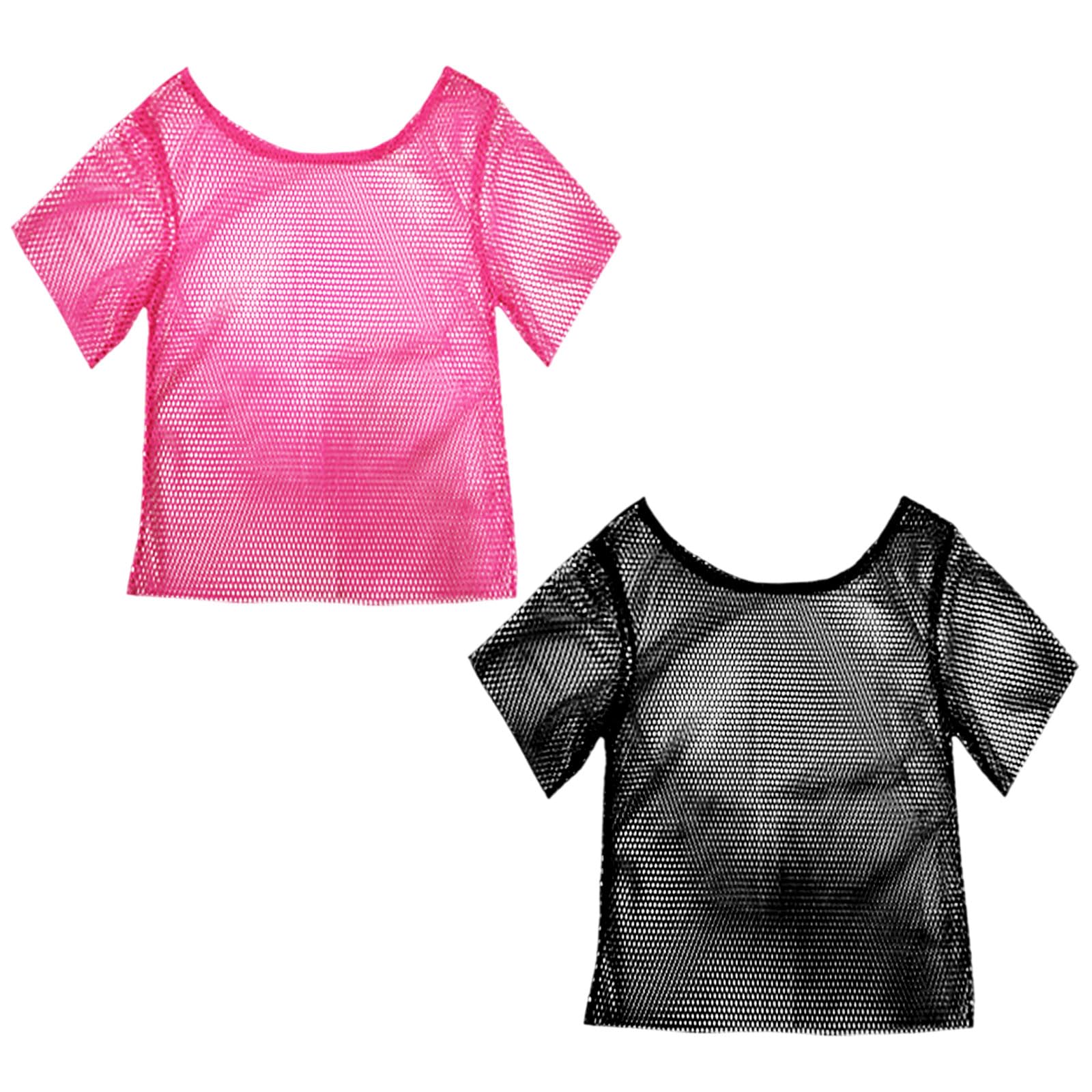 FUIPVGI 2 Pcs 80s Fancy Dress Fishnet Top for Women Neon Mesh Tops, Halloween Costumes Set, Off The Shoulder T-Shirt 1980s, Fishnet Costume Accessories (Pink, Black)